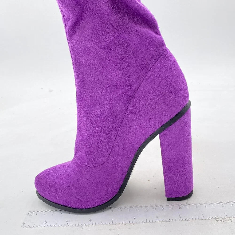 Purple Women Over The Knee Chunky High Heels Stretch Thigh High Long Boot